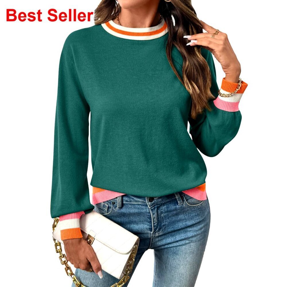 Long Sleeve Crew Neck Sweater Color Block Knit Top Loose Fit Women's